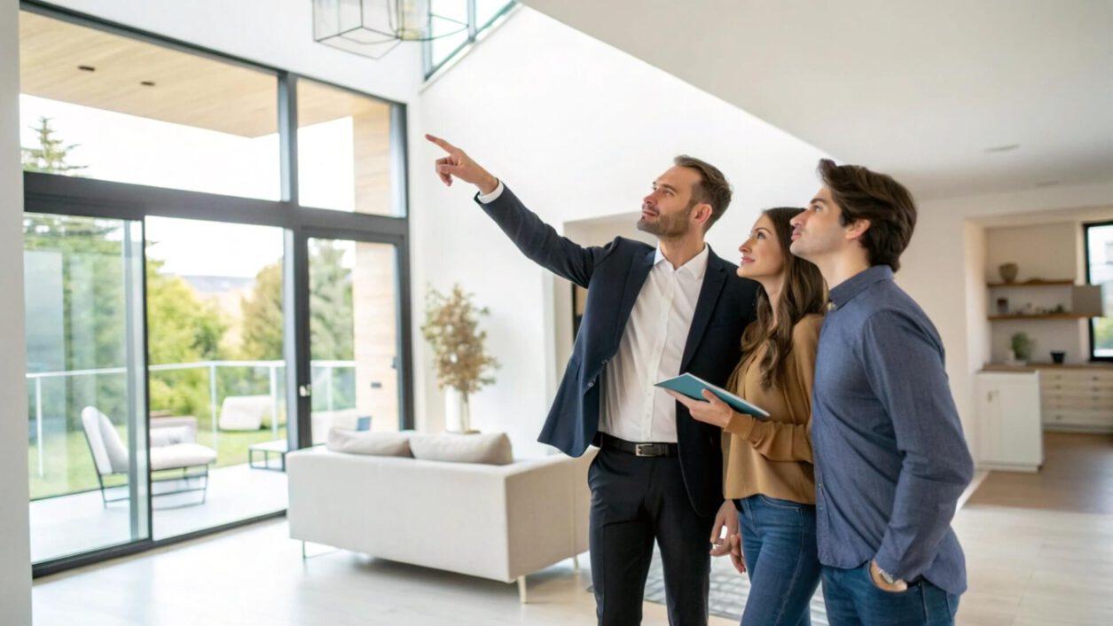 Asesor legal inmobiliario mostrando una propiedad moderna a una pareja interesada en comprar