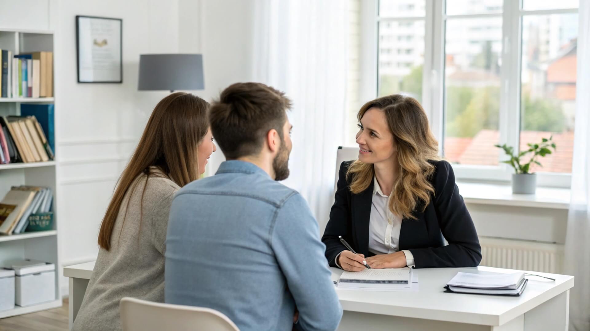 Asesor legal inmobiliario reunido con una pareja en una oficina, explicando detalles de una transacción inmobiliaria.