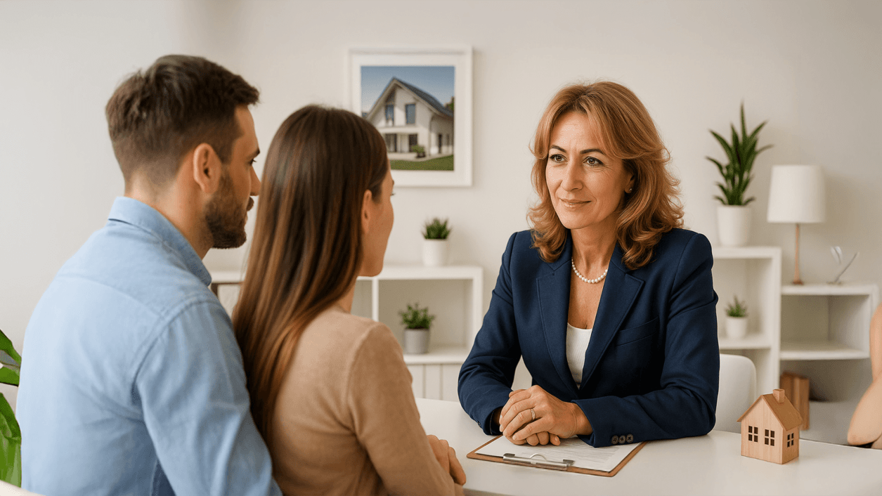 Asesora inmobiliaria profesional conversando con una pareja joven en una oficina moderna, brindando orientación sobre la compra de una vivienda.