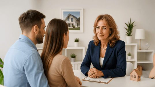 Asesora inmobiliaria profesional conversando con una pareja joven en una oficina moderna, brindando orientación sobre la compra de una vivienda.