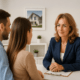 Asesora inmobiliaria profesional conversando con una pareja joven en una oficina moderna, brindando orientación sobre la compra de una vivienda.