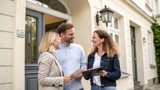 Pareja recibiendo asesoramiento en la compra de tu vivienda por parte de una agente inmobiliaria frente a la entrada de una casa, todos sonrientes mientras revisan documentos.