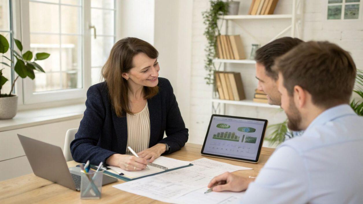 Gestor inmobiliario explicando a dos clientes las funciones relacionadas con contratos, finanzas y evaluación de propiedades durante una reunión en oficina.