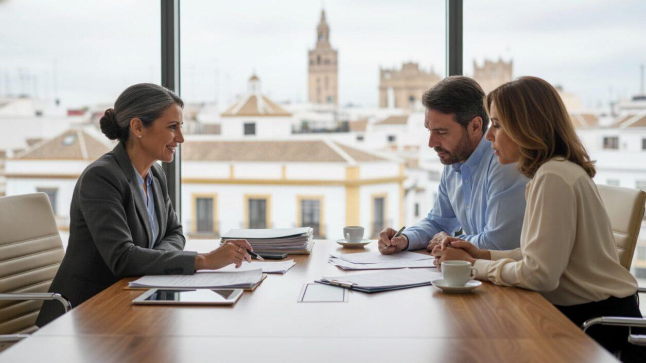 Abogados inmobiliarios en Sevilla reuniéndose con una pareja de clientes en una oficina moderna de Sevilla, con vistas al centro histórico de la ciudad.