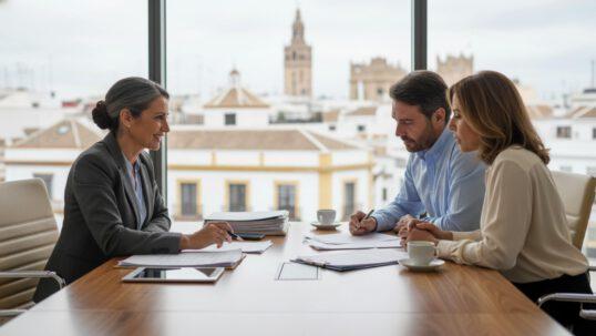 Abogados inmobiliarios en Sevilla reuniéndose con una pareja de clientes en una oficina moderna de Sevilla, con vistas al centro histórico de la ciudad.