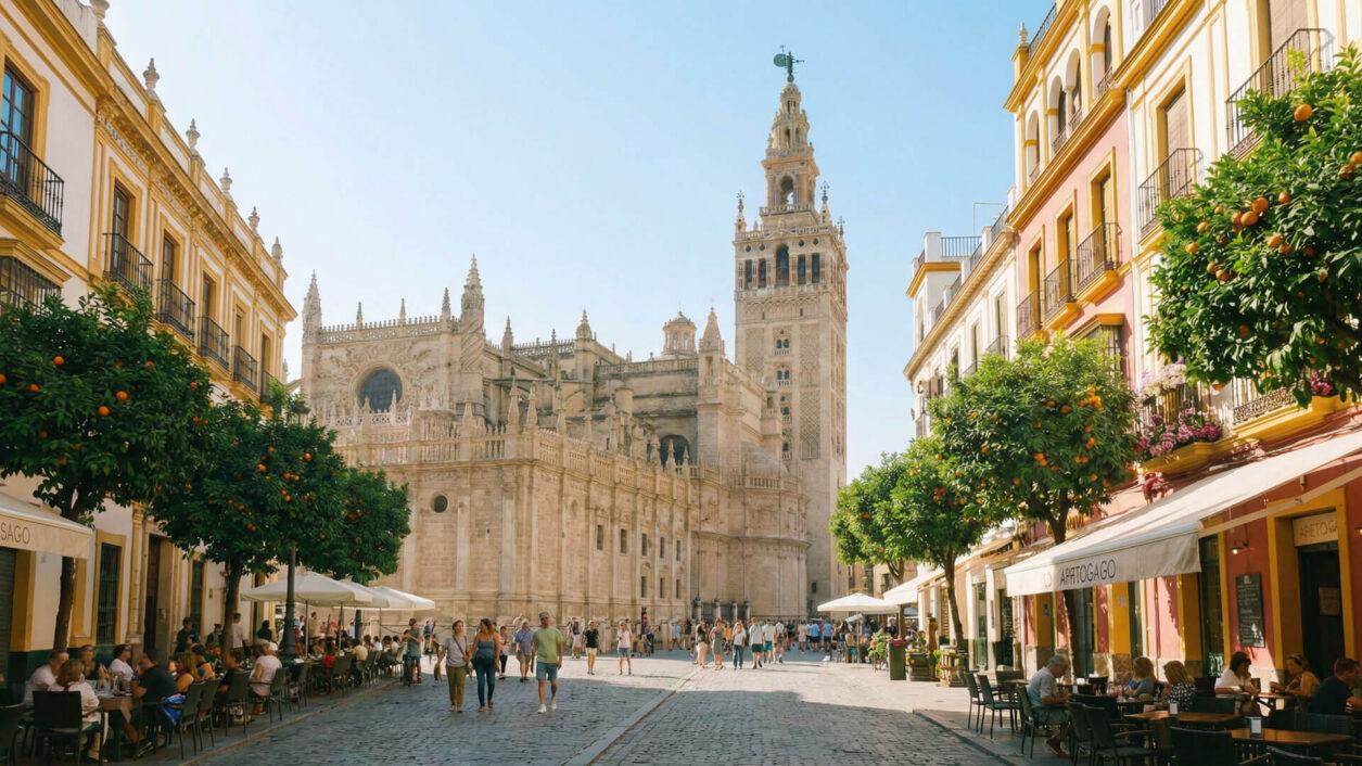 Vista de la calle Mateos Gago con la Giralda y la Catedral de Sevilla al fondo, ilustrando el entorno urbano sujeto a la normativa inmobiliaria actualizada en la capital andaluza.