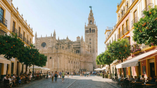 Vista de la calle Mateos Gago con la Giralda y la Catedral de Sevilla al fondo, ilustrando el entorno urbano sujeto a la normativa inmobiliaria actualizada en la capital andaluza.