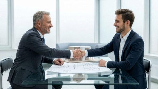Dos profesionales en traje estrechando la mano y sonriendo sobre una mesa de cristal con planos arquitectónicos y una maqueta de edificio, simbolizando un acuerdo exitoso al contratar consultoría inmobiliaria.