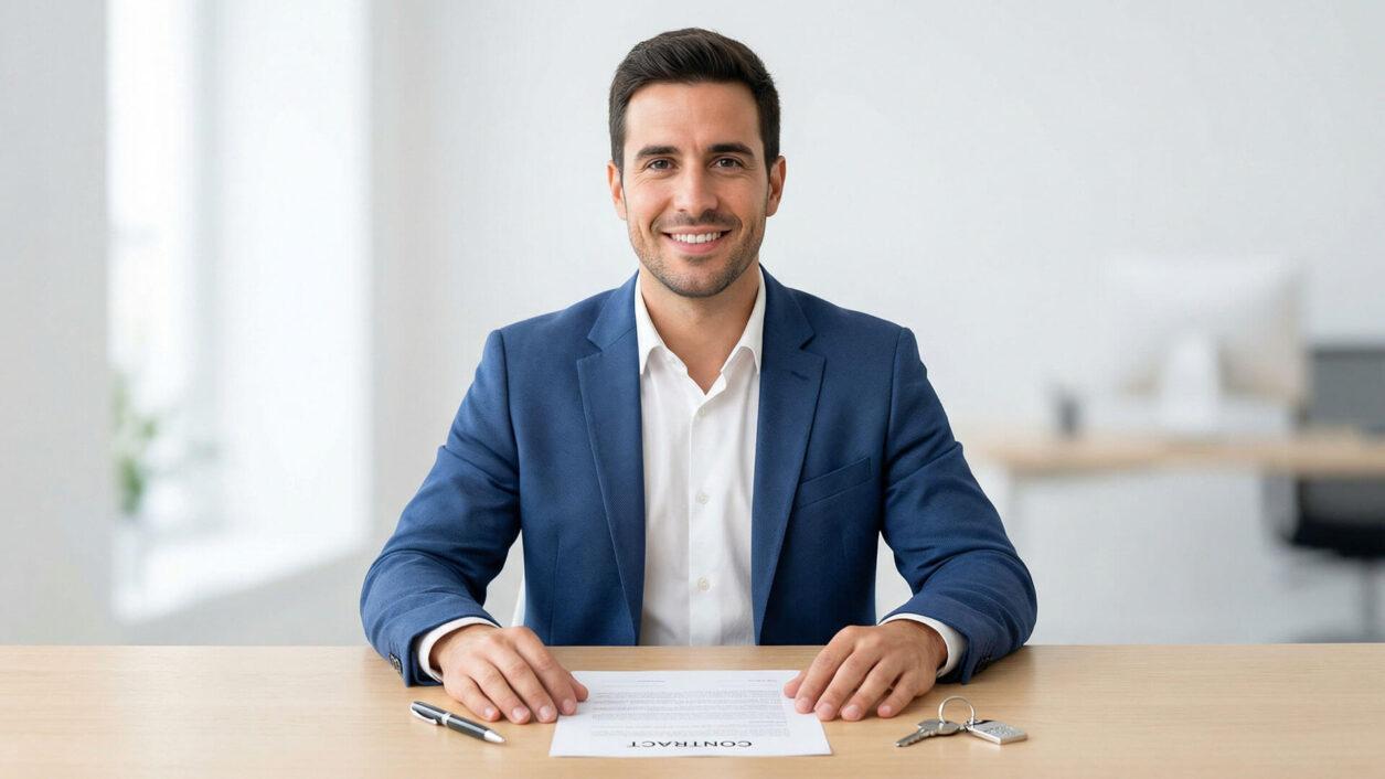 Un hombre sonriente con traje azul sentado frente a un contrato de compraventa y unas llaves, representando el éxito de lo que necesito para ser asesor inmobiliario.