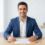 Un hombre sonriente con traje azul sentado frente a un contrato de compraventa y unas llaves, representando el éxito de lo que necesito para ser asesor inmobiliario.
