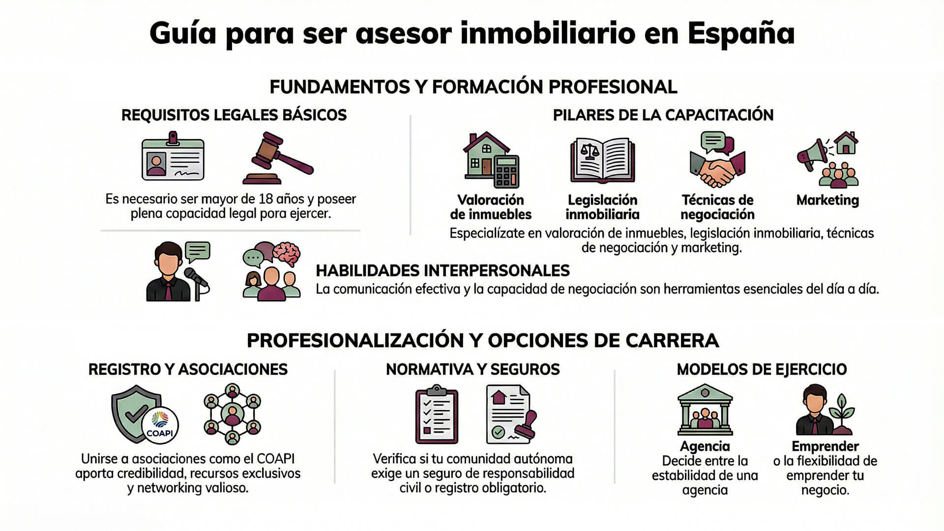 Infografía detallada sobre qué necesito para ser asesor inmobiliario en España, incluyendo fundamentos legales, pilares de capacitación como legislación y marketing, y opciones de carrera profesional.