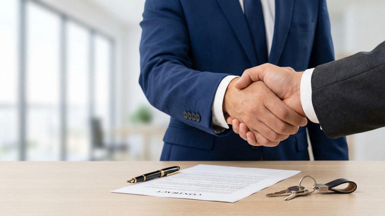 Primer plano de un apretón de manos sobre un escritorio con un contrato y llaves de una propiedad, representando el éxito de una transacción basada en la confianza profesional.