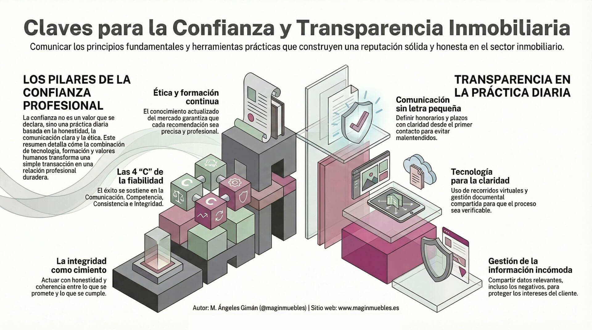 Infografía detallada sobre las claves para la confianza profesional y transparencia en el sector inmobiliario, desglosando pilares como la ética, la formación continua, la integridad y el uso de tecnología para la claridad en los procesos.