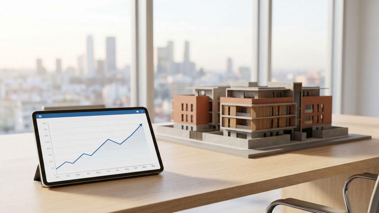 Maqueta de edificio moderno y tablet con gráfico de crecimiento positivo sobre un escritorio de oficina, representando las tendencias del mercado inmobiliario en España.