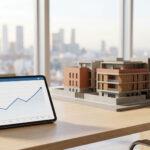 Maqueta de edificio moderno y tablet con gráfico de crecimiento positivo sobre un escritorio de oficina, representando las tendencias del mercado inmobiliario en España.