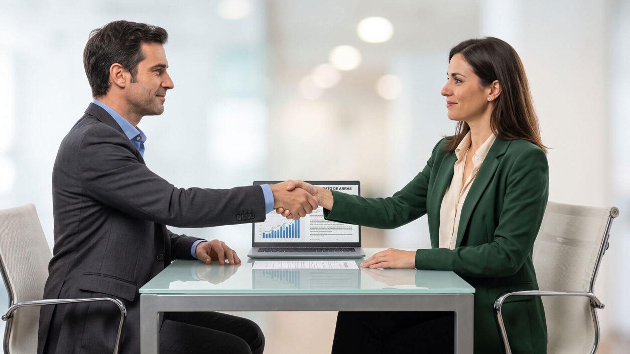 Profesionales del sector reunidos en una oficina analizando datos comerciales y contratos para aprender cómo mejorar mis habilidades en negociacion inmobiliaria.
