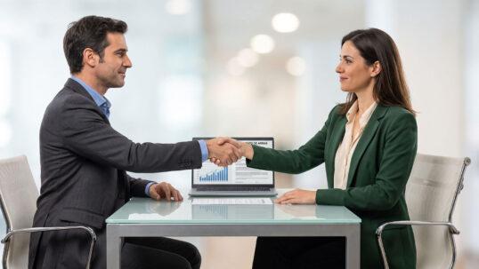 Profesionales del sector reunidos en una oficina analizando datos comerciales y contratos para aprender cómo mejorar mis habilidades en negociacion inmobiliaria.