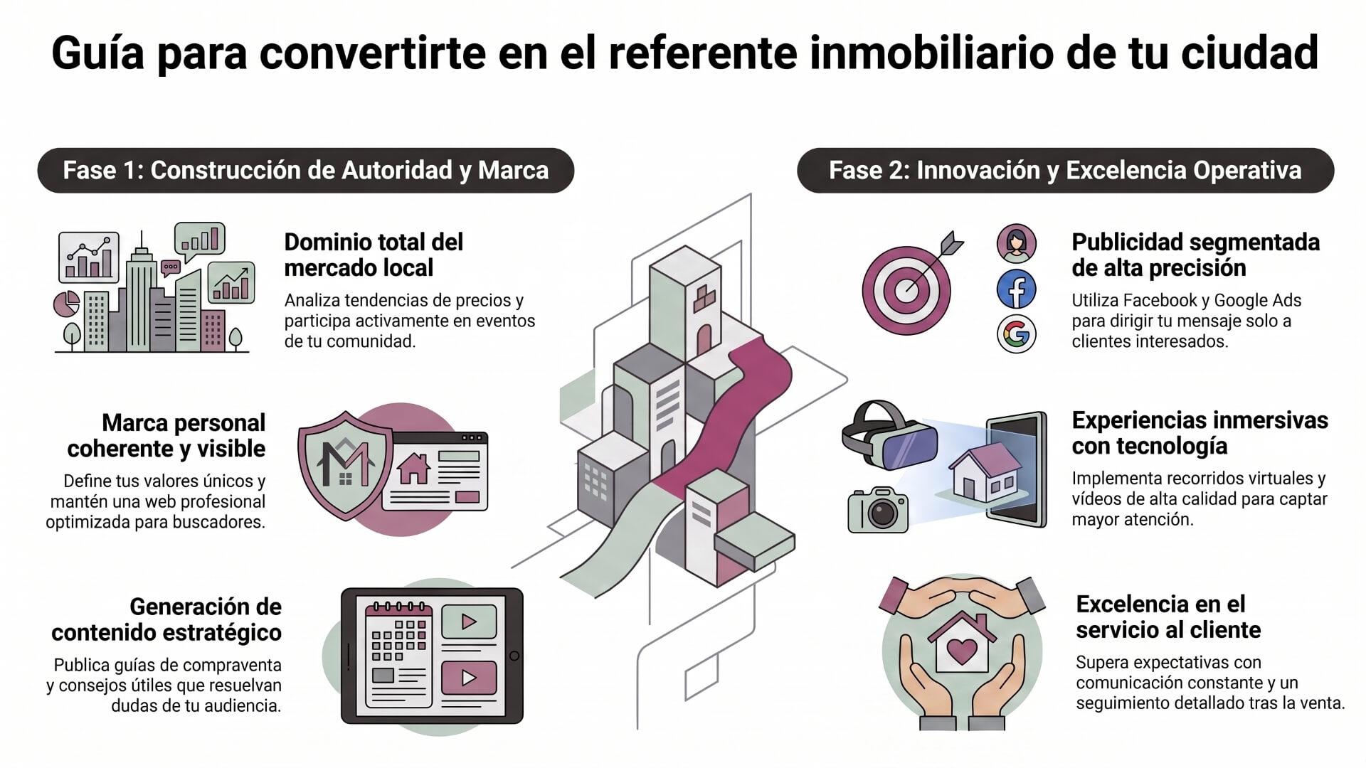 Infografía con la guía de estrategias y fases para convertirse en el referente inmobiliario de tu ciudad.