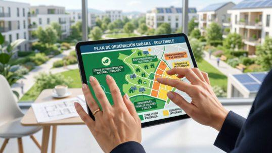 Persona consultando en una tablet la zonificación y cómo funciona la ley del suelo en España.